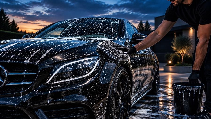 Lavage à la main d'une voiture noire recouverte de mousse